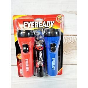 Eveready LED 60 Hour Flashlight 2 Pack w/ 2 Batteries Red & Blue - NEW